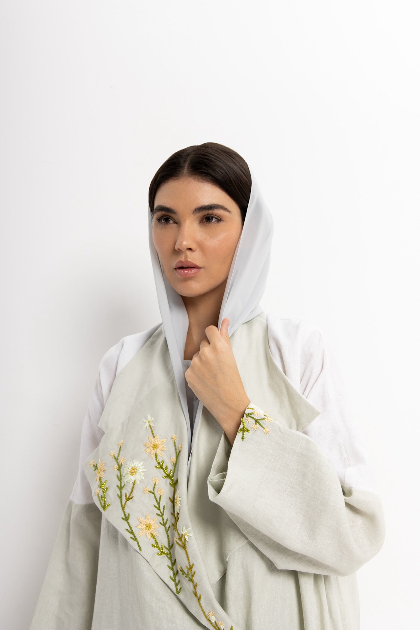 Garden - Linen Floral Embroidery - (Green & White Abaya)