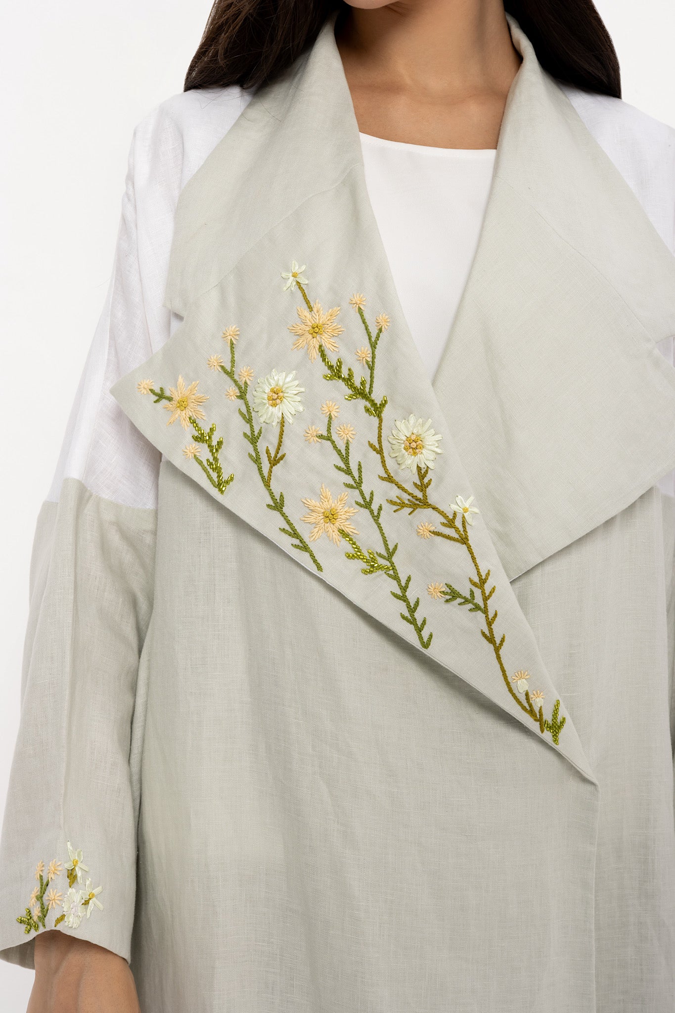 Garden - Linen Floral Embroidery - (Green & White Abaya)