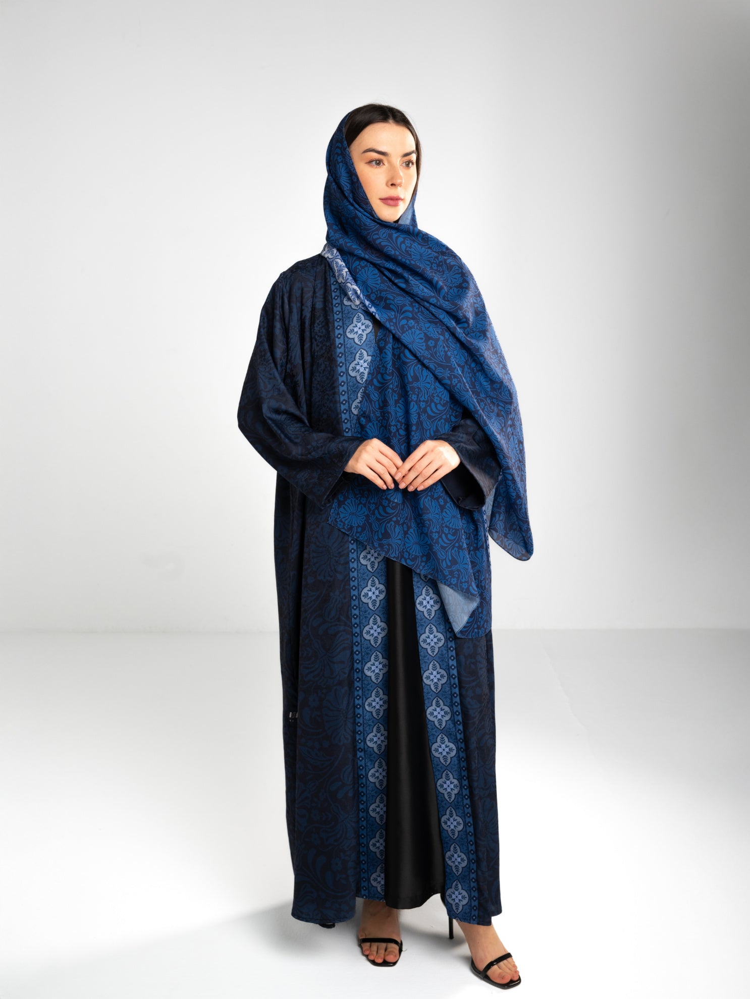 Printed Floral Jacquard Abaya - Blue Abaya
