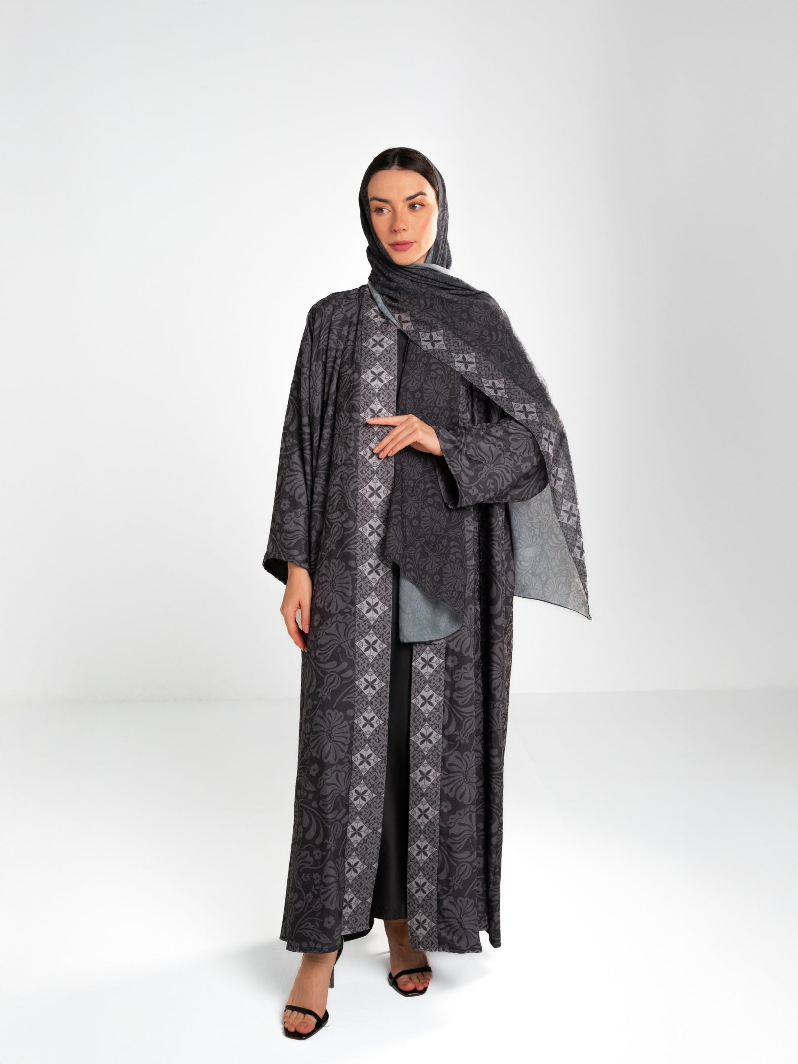 Printed Floral Jacquard Abaya - Grey Abaya