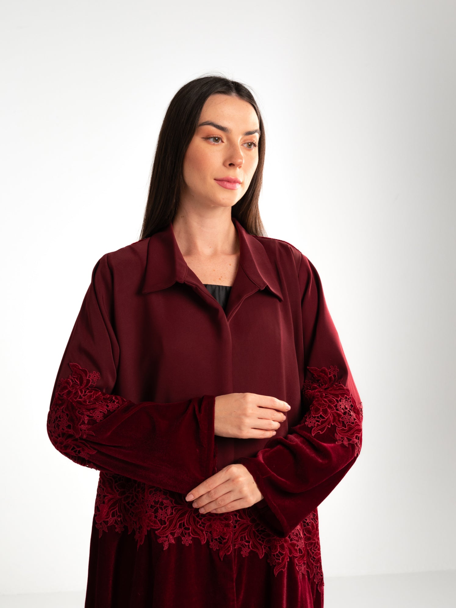 Velvet Lace Maroon Abaya