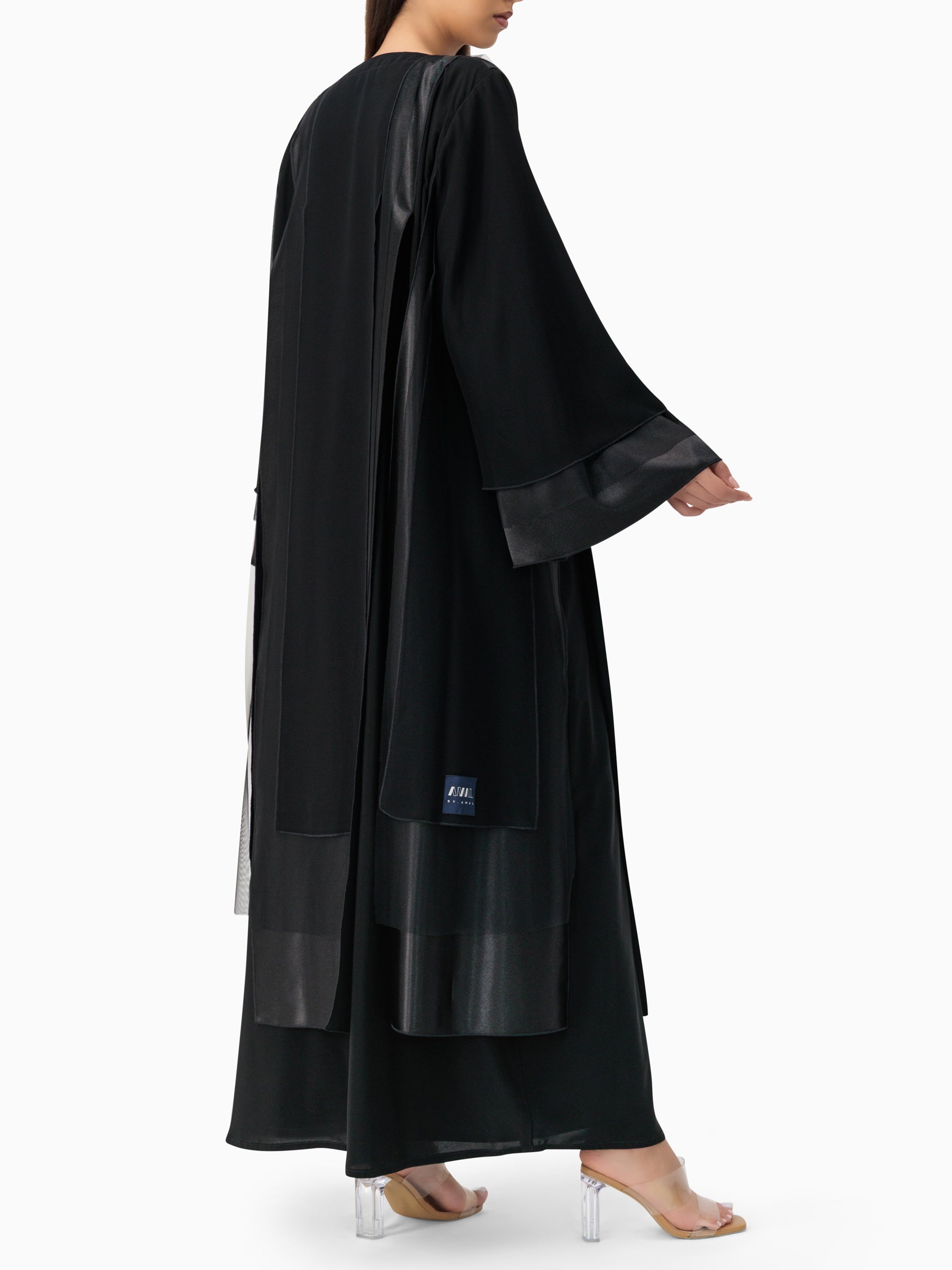 Black Satin Tulle Layers Abaya