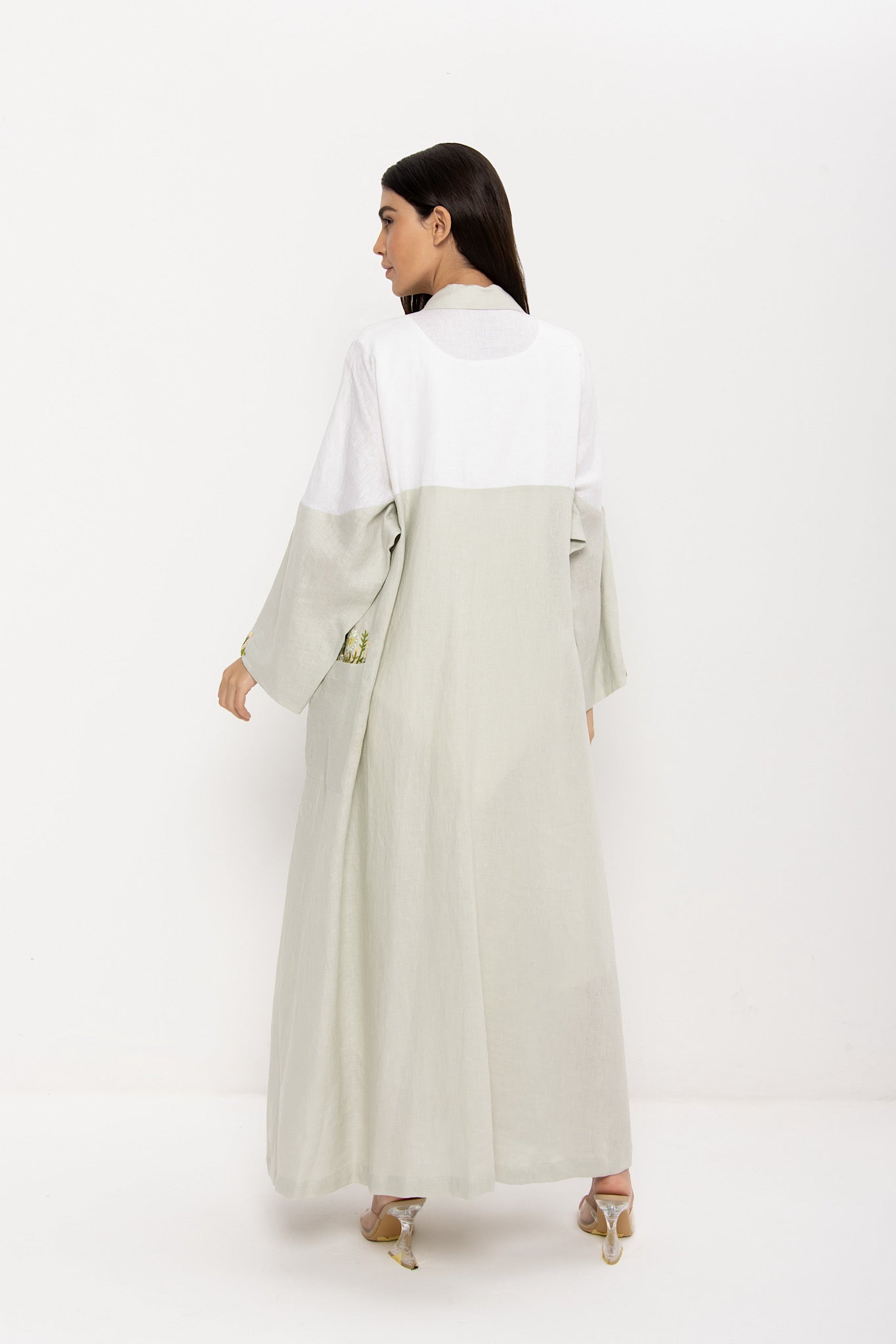 Garden - Linen Floral Embroidery - (Green & White Abaya)