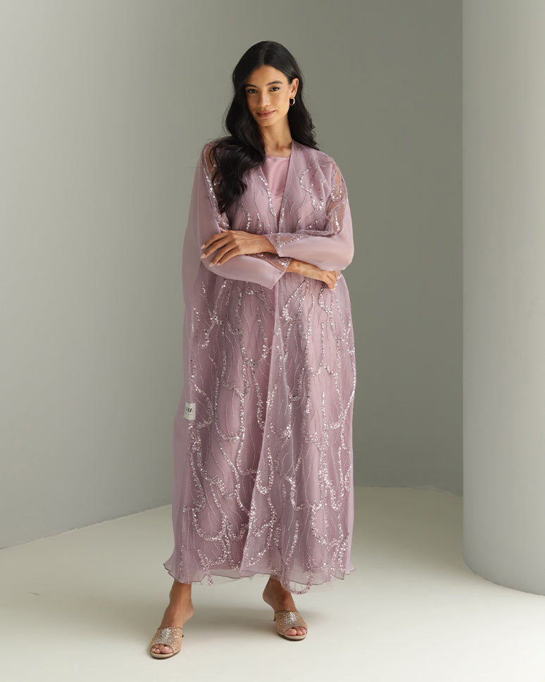 Purple Embellished Organza Set Dress