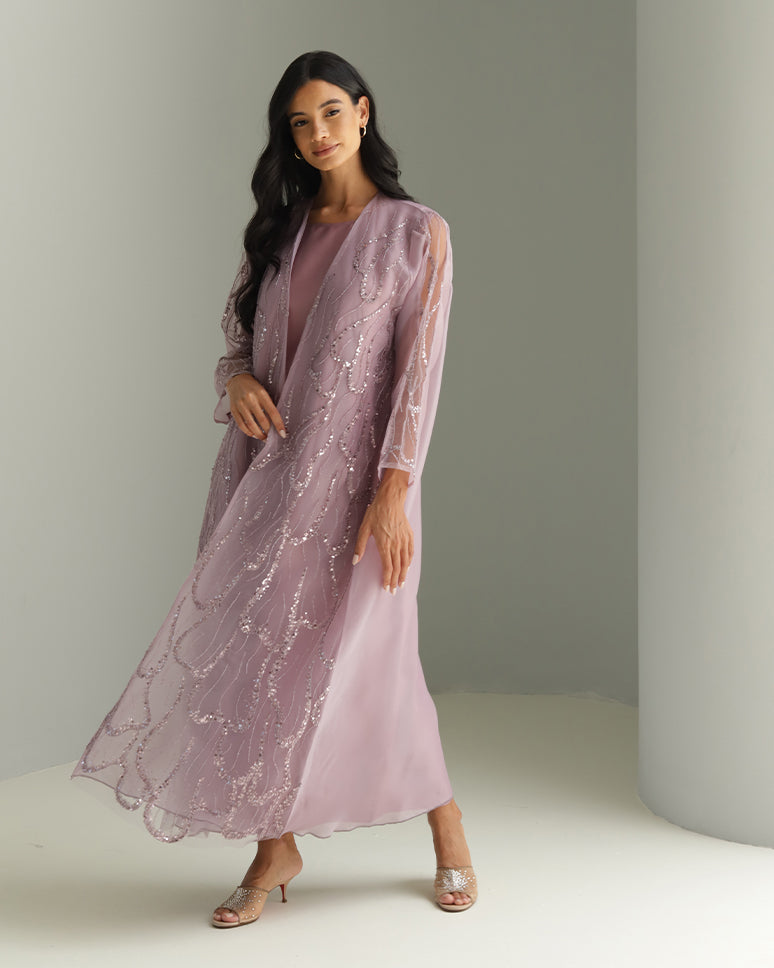 Purple Embellished Organza Set Dress