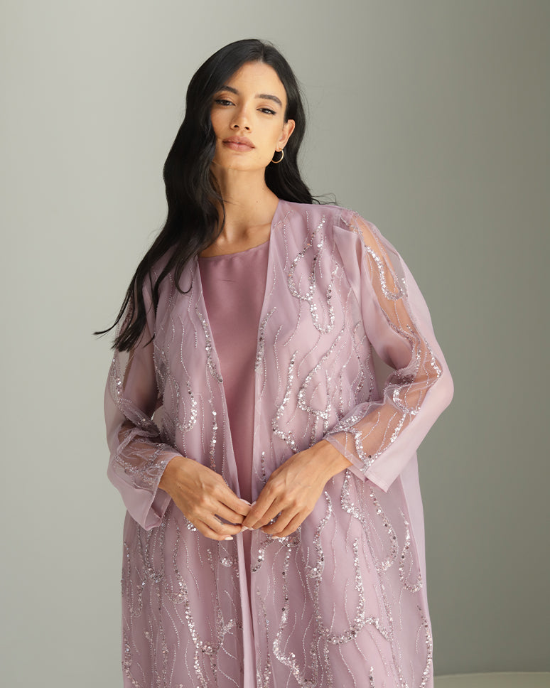 Purple Embellished Organza Set Dress