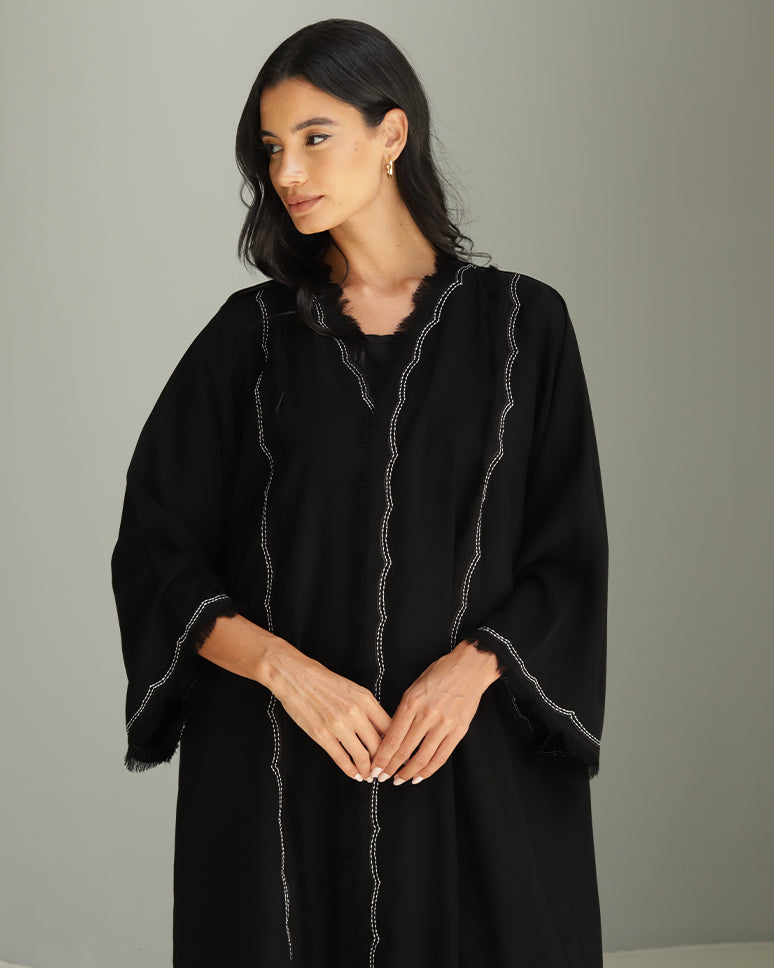 Scallop cut white embroidered abaya