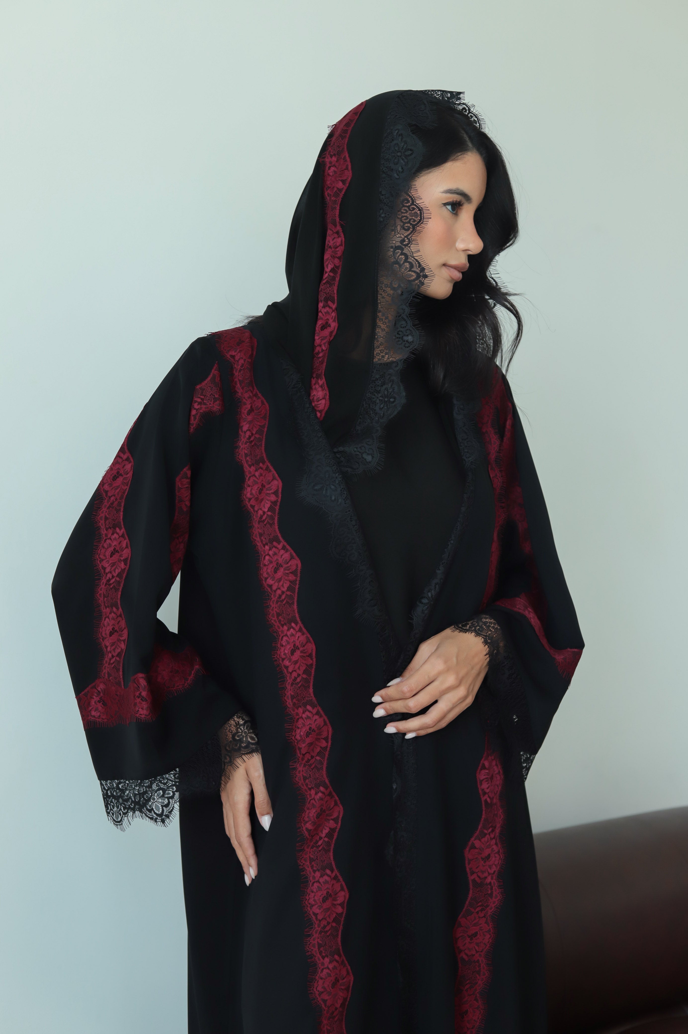 Layali- Maroon Lace ( black Abaya )