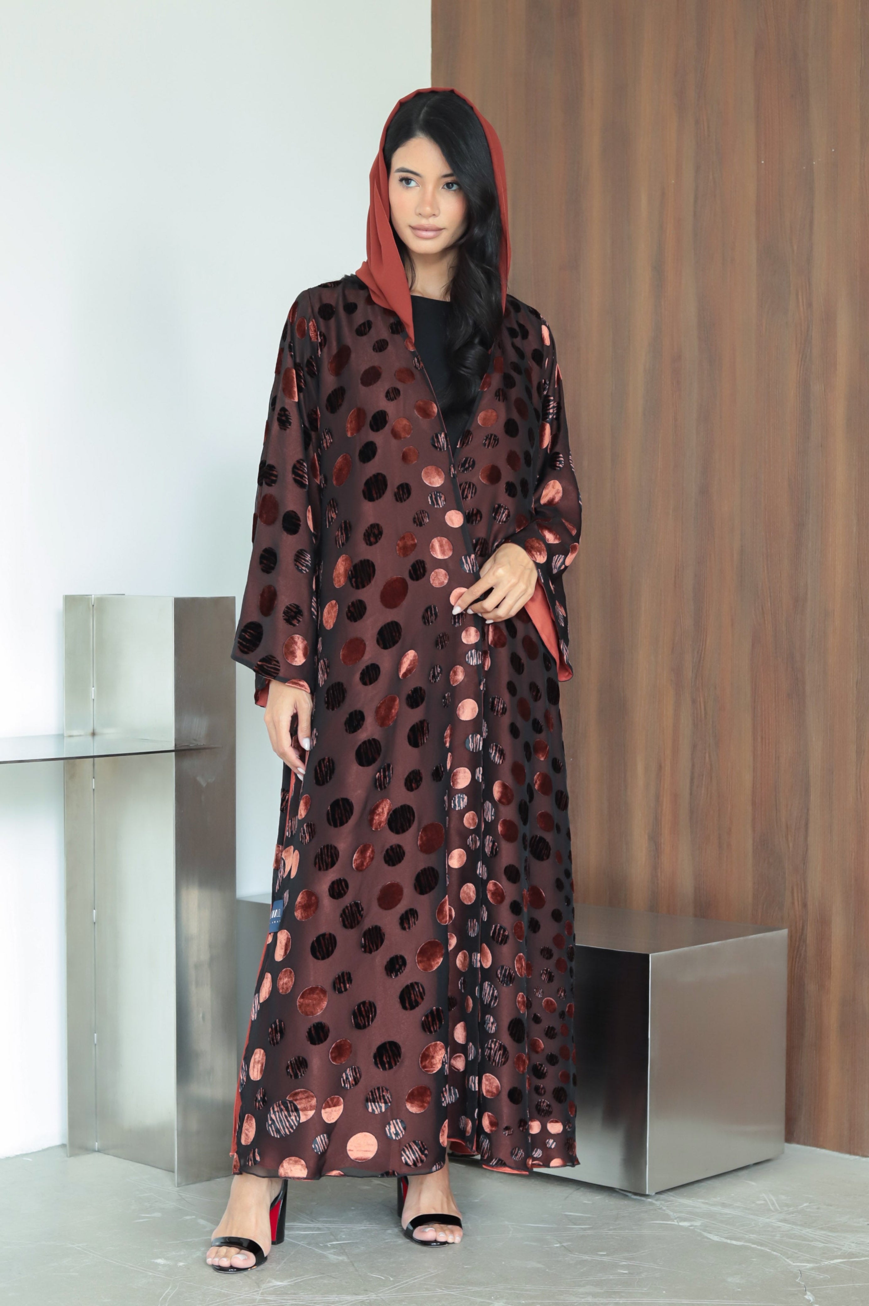 Polka Velvet Brick Orange Abaya