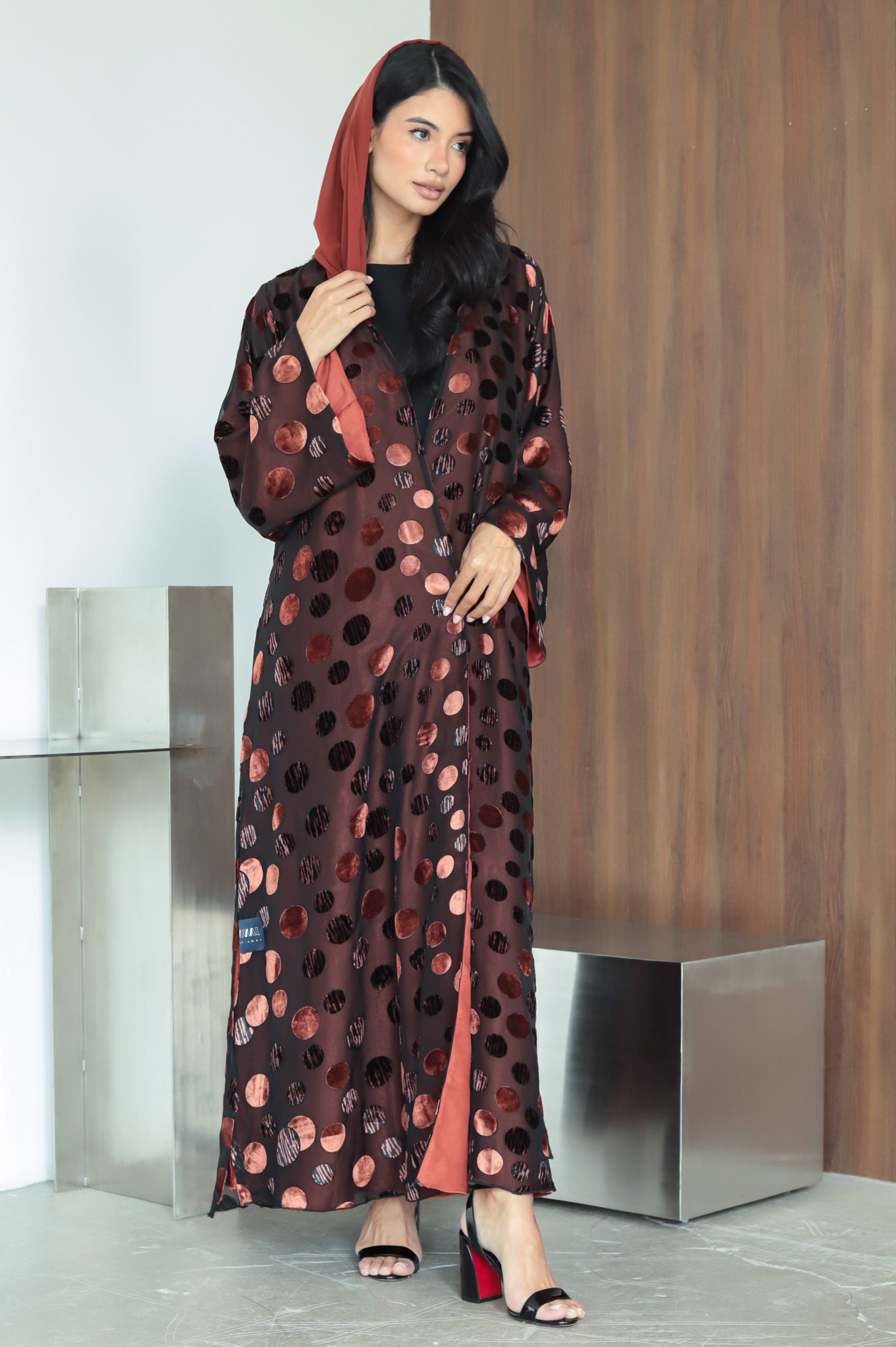 Polka Velvet Brick Orange Abaya